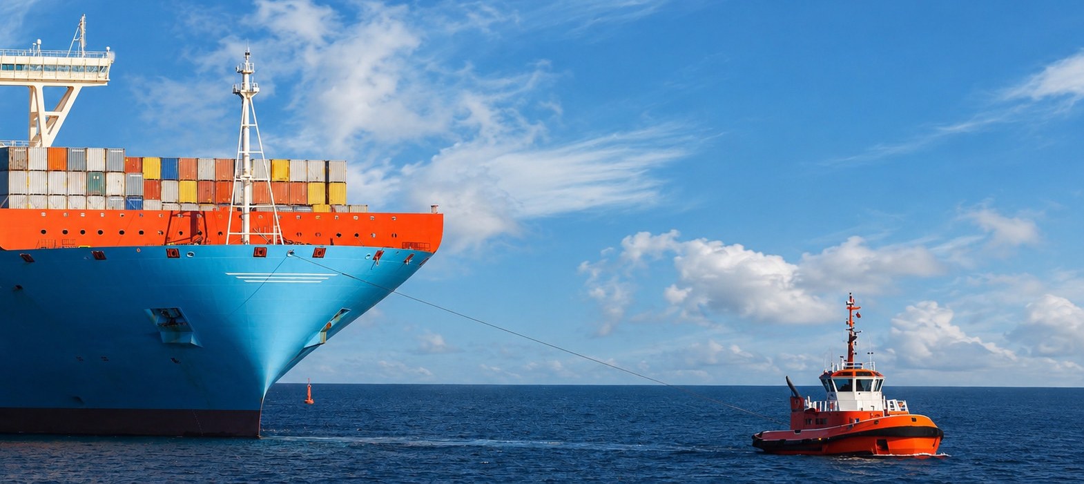 Container ship under tow by a tugboat at sea
